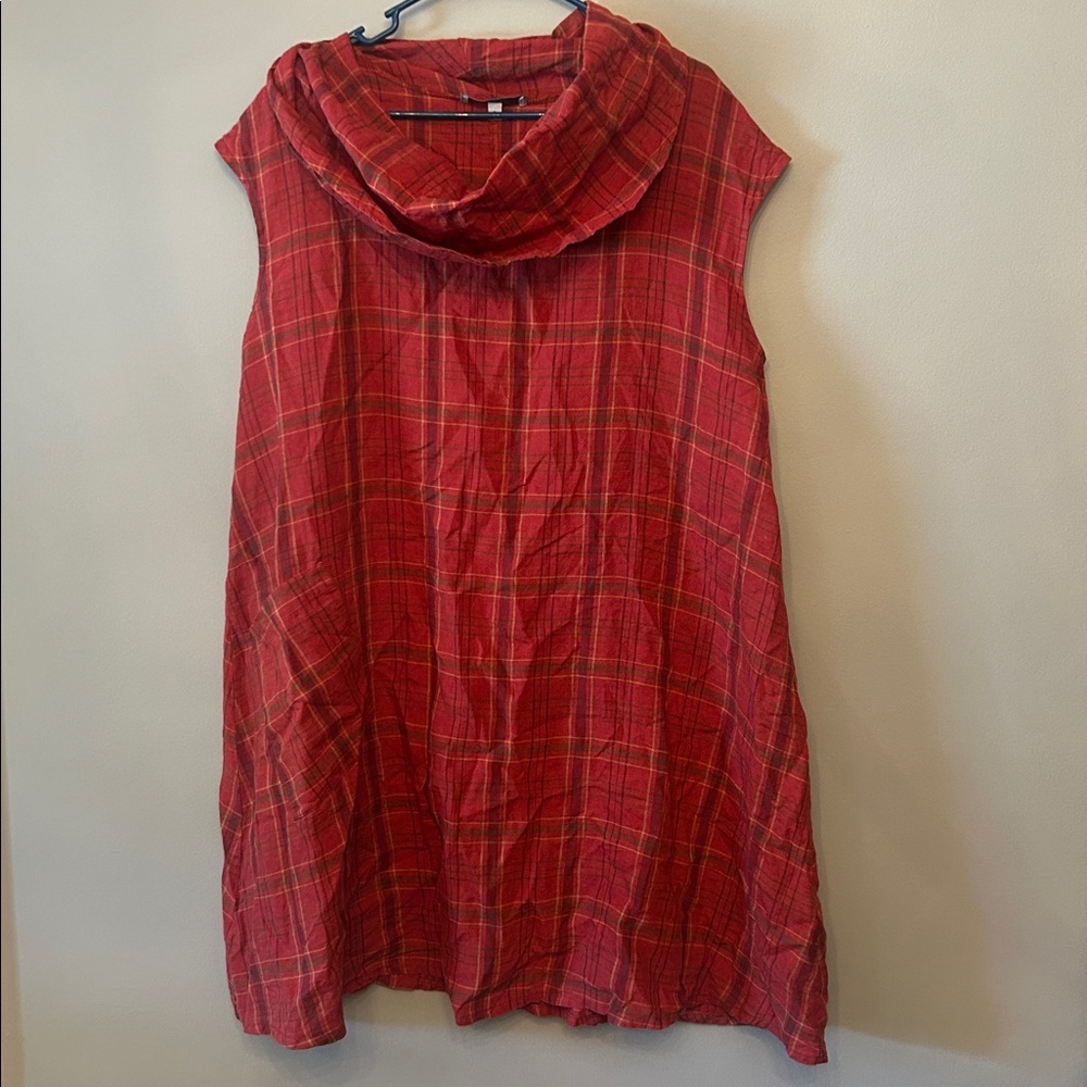 Bryn Walker Nolan Cowl Neck Linen Dress, Deep Orange Plaid, Size Small